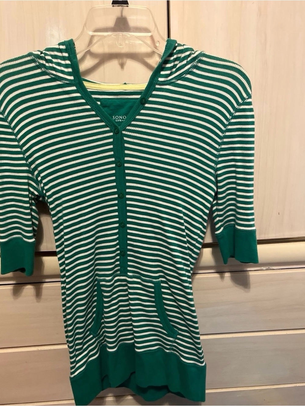 Sonoma Green & White Striped Hooded Button Top